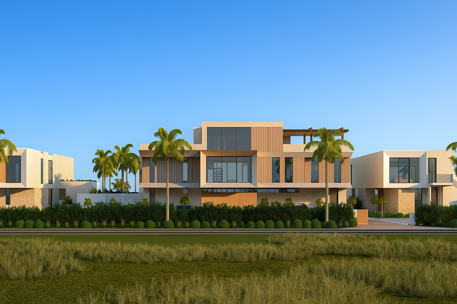 Modern multi-story beige and white residential building with large windows, surrounded by palm trees and greenery against a clear blue sky.
