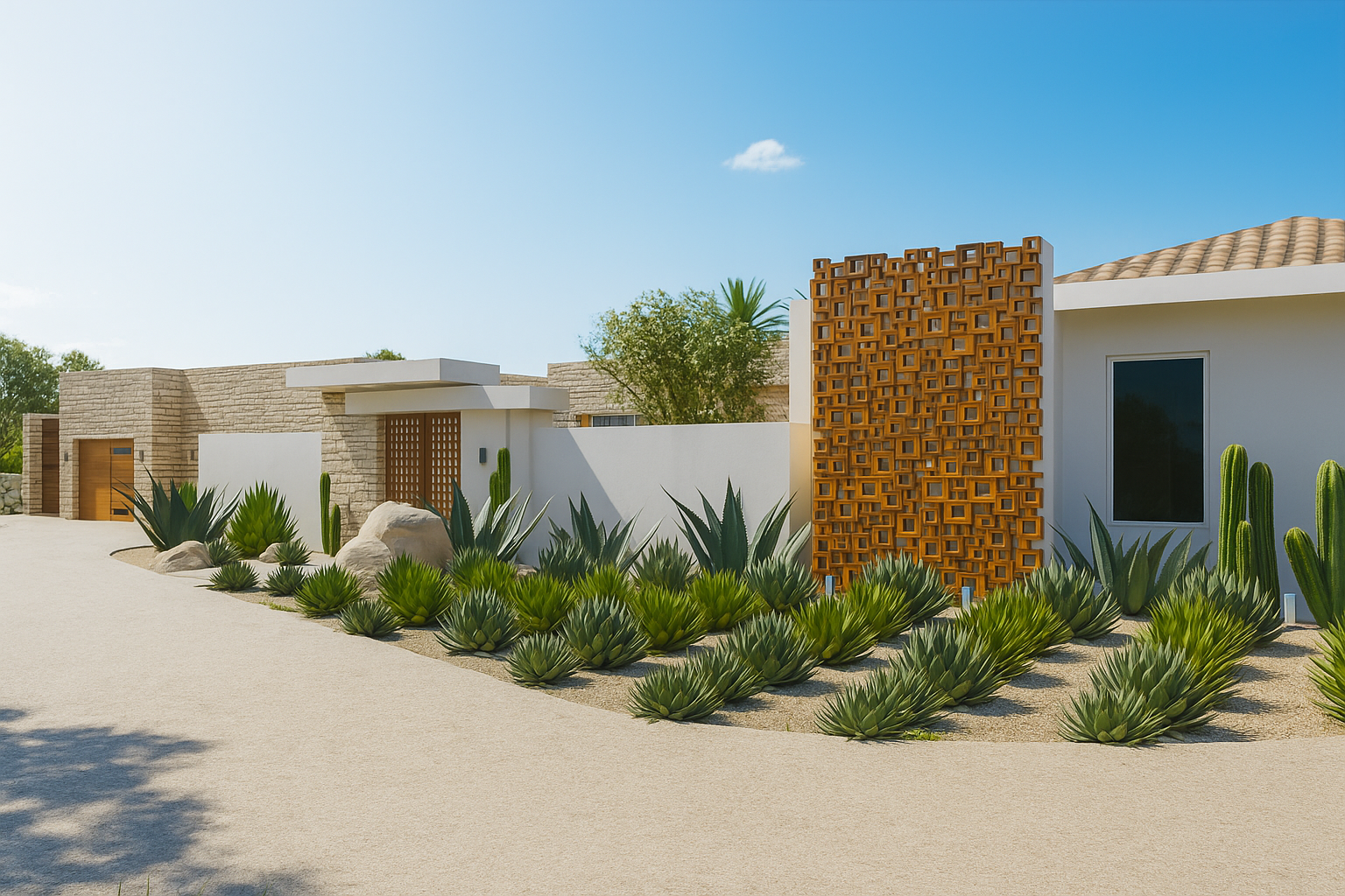 Modern house with desert landscaping, featuring succulents, cacti, and a decorative wooden panel.