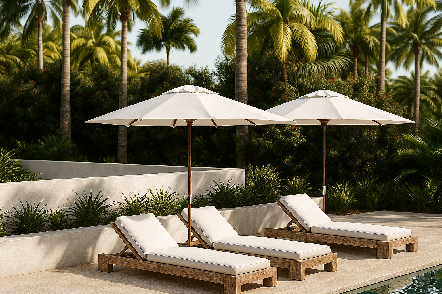 Three white lounge chairs with cushions and two large white umbrellas are beside a swimming pool, with palm trees and tropical greenery in the background.