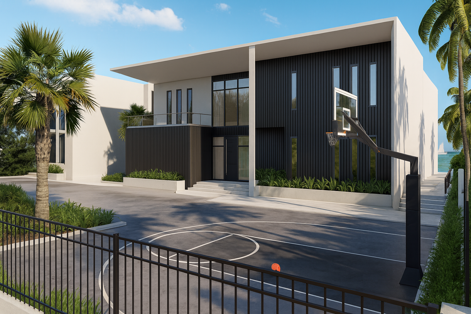 Modern house with black and white exterior, palm trees, and a basketball court in front.