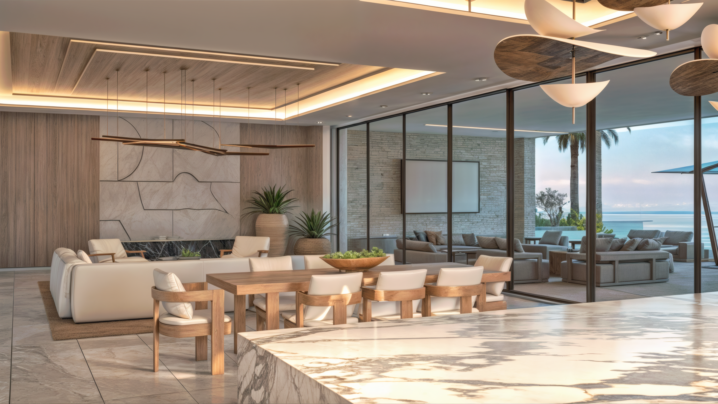 Modern living room with white sofas and a dining table with wooden chairs, large potted plants, and floor-to-ceiling windows revealing outdoor seating and a view of palm trees and the ocean.