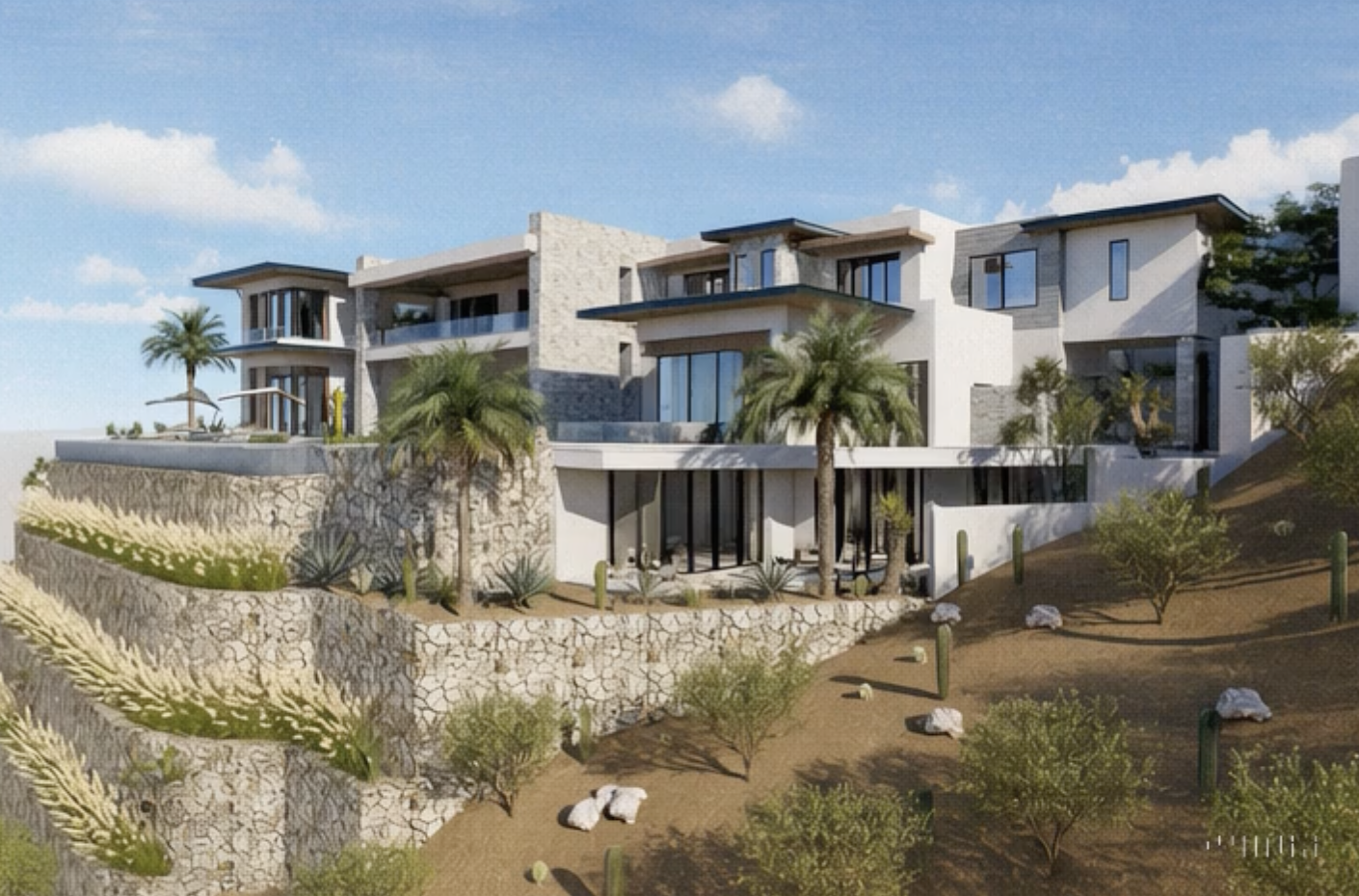Modern multi-story house with large glass windows, surrounded by desert plants and palm trees, on a hillside under a blue sky.