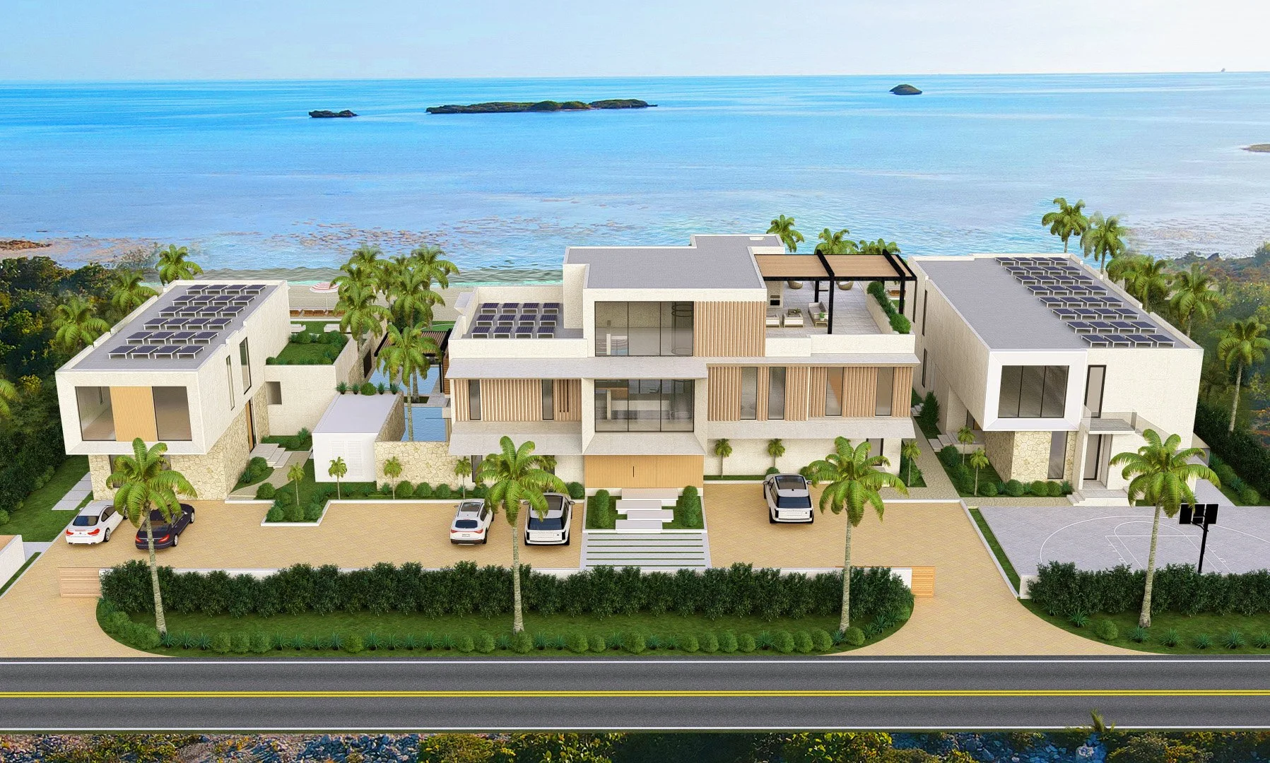 A modern beachfront house with three sections, parking spaces, palm trees, and a basketball court, overlooking the ocean.