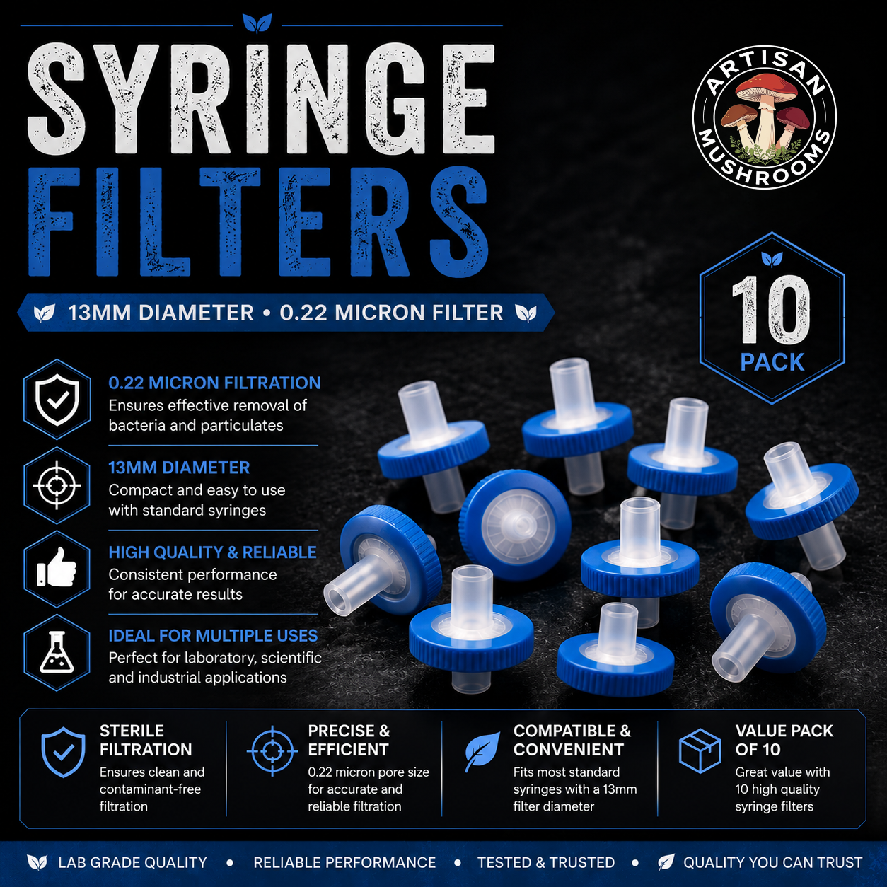 Syringe Filters 13mm Diameter - 0.22 Micron Filter - Pack Of 10