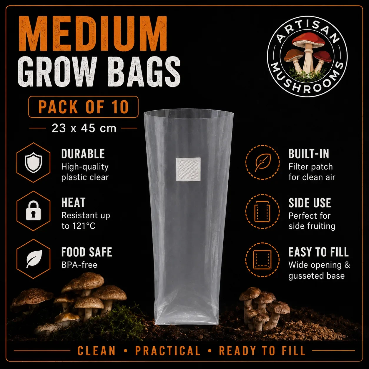 Medium Mushroom Grow Bags with Filter Patch | Pack of 10