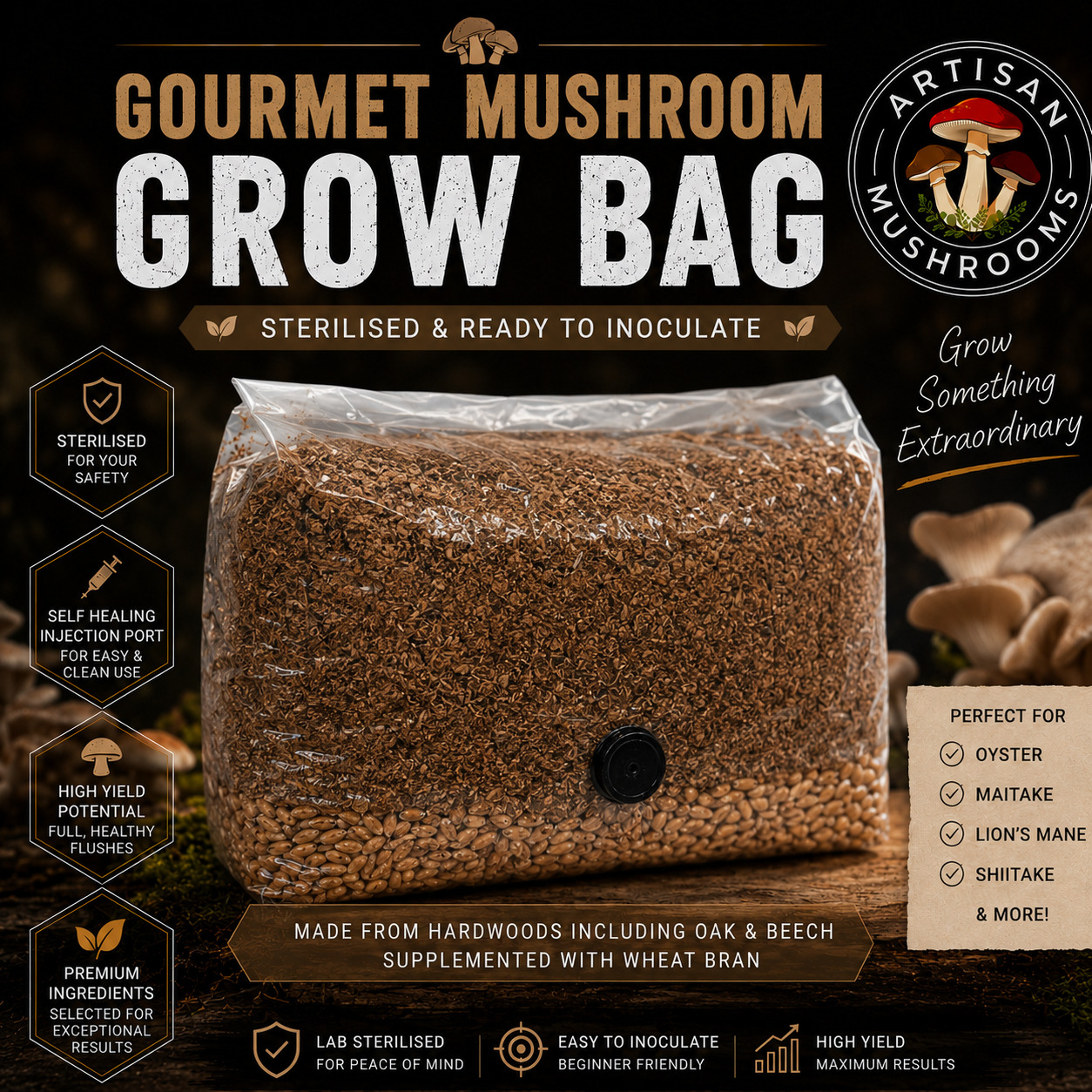 Artisan Mushrooms all-in-one hardwood grow bag with grain layer, hardwood substrate, filter patch and injection port