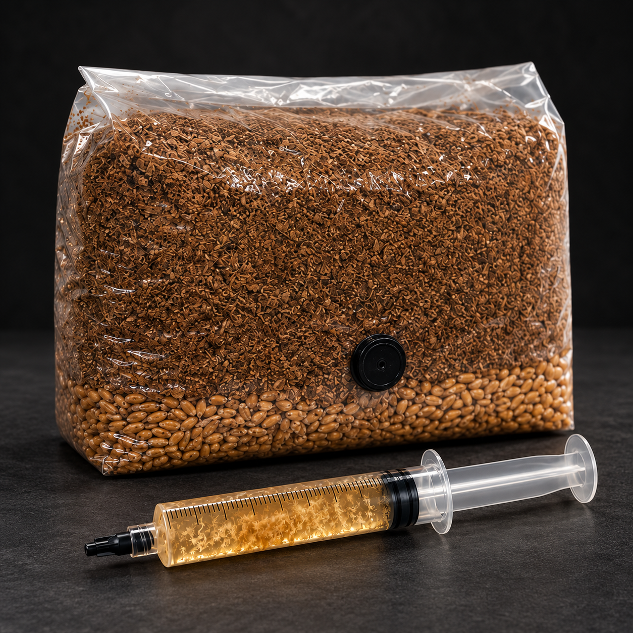 Artisan Mushrooms liquid culture syringe with a 2 kg hardwood all-in-one grow bag