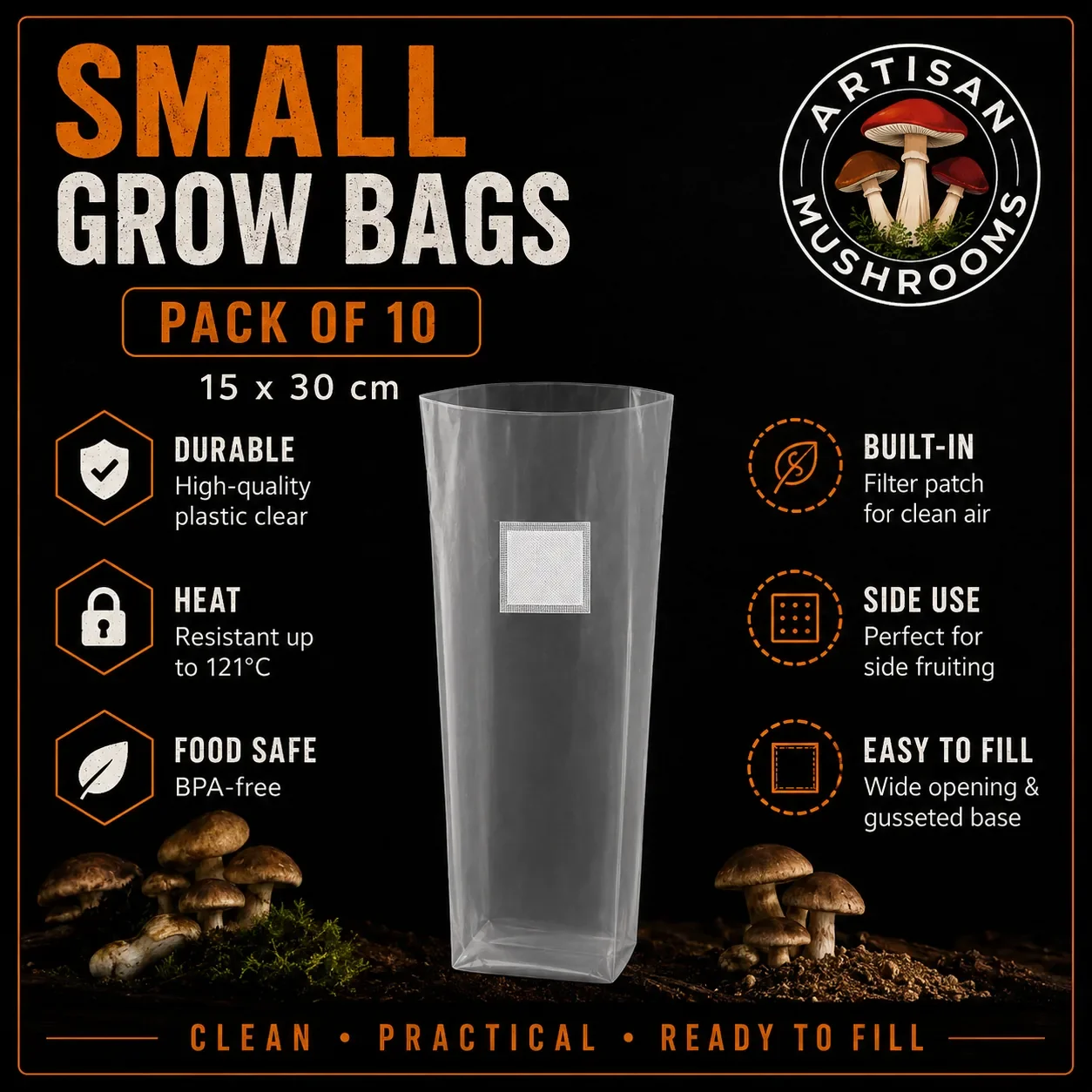 Small Mushroom Grow Bags with Filter Patch | Pack of 10