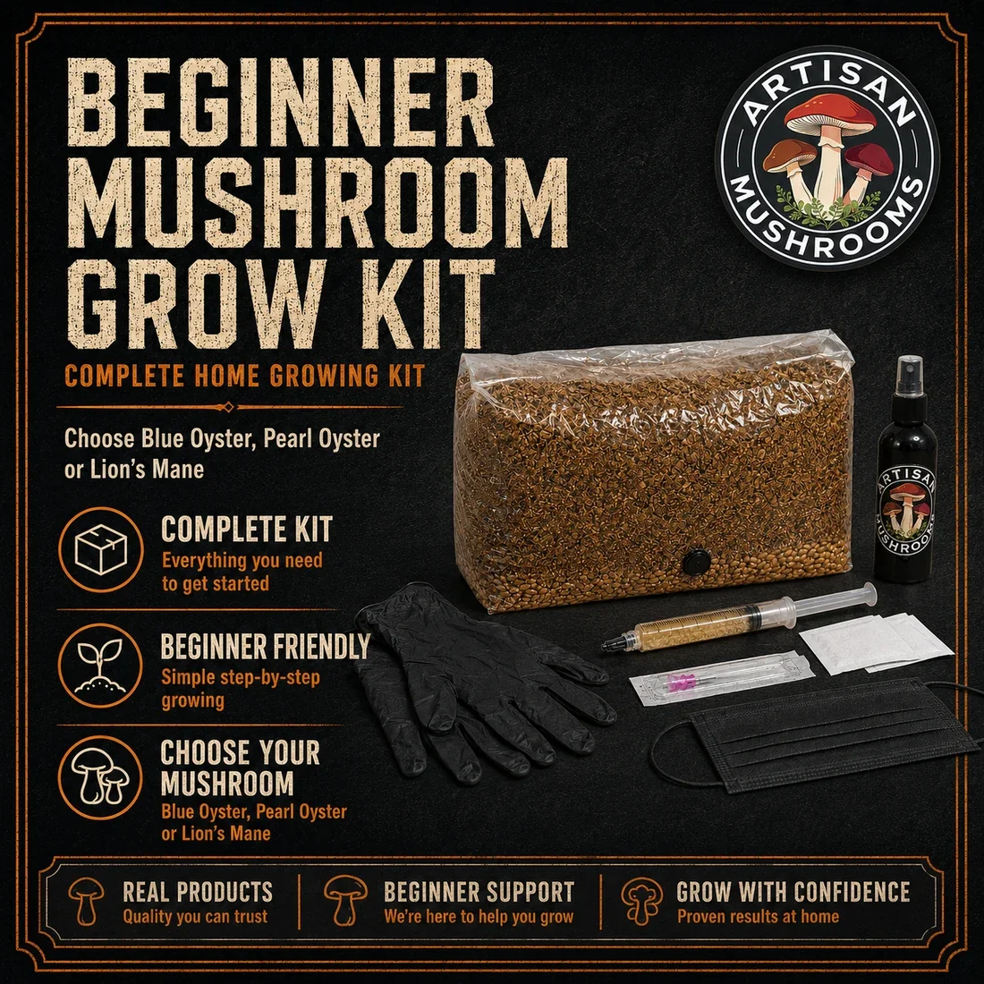 Artisan Mushrooms Beginner Mushroom Grow Kit with sterile hardwood grow bag, liquid culture syringe, gloves, spray bottle and inoculation supplies