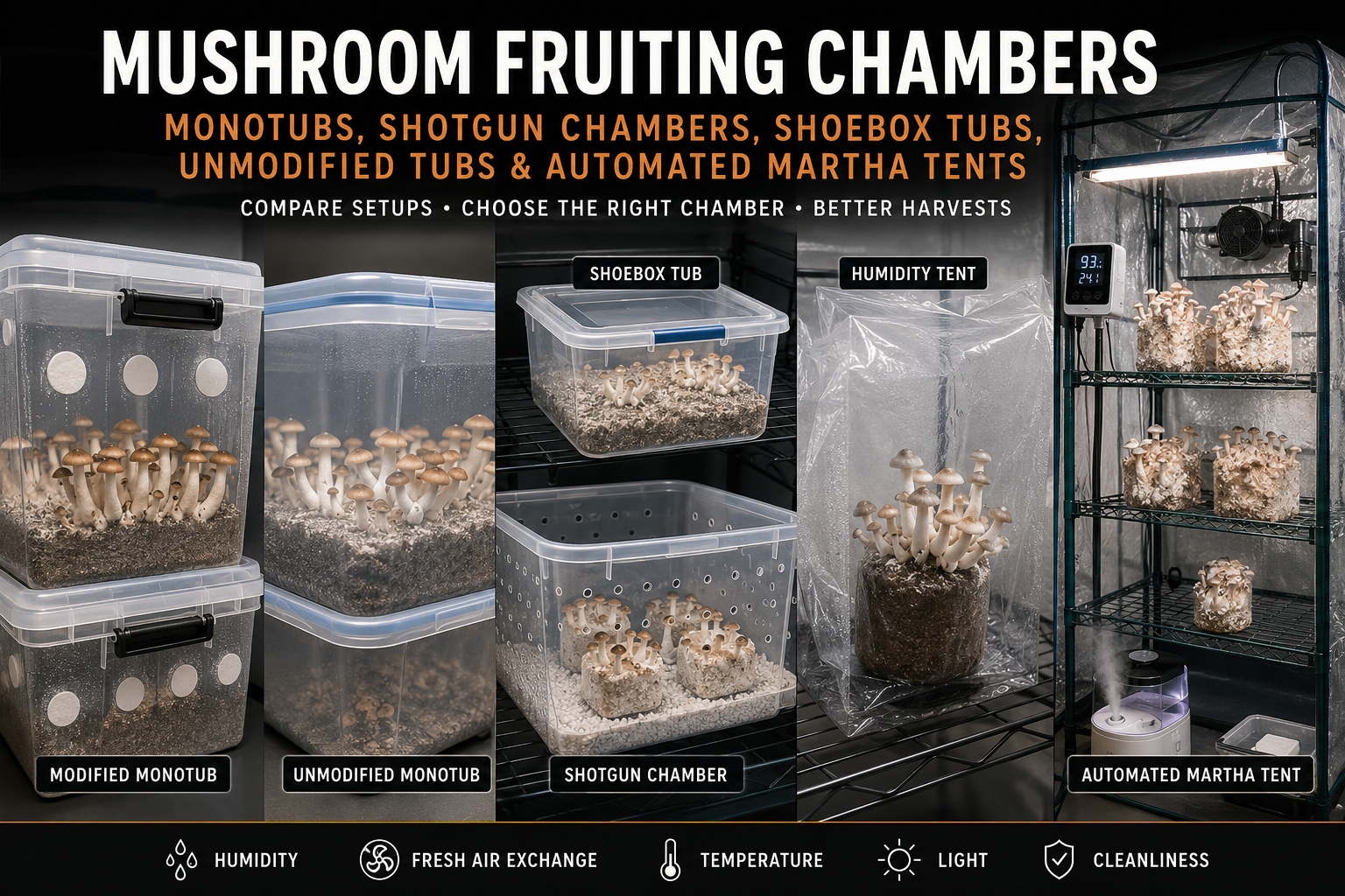Mushroom Fruiting Chambers: Monotubs, Martha Tents &amp; More