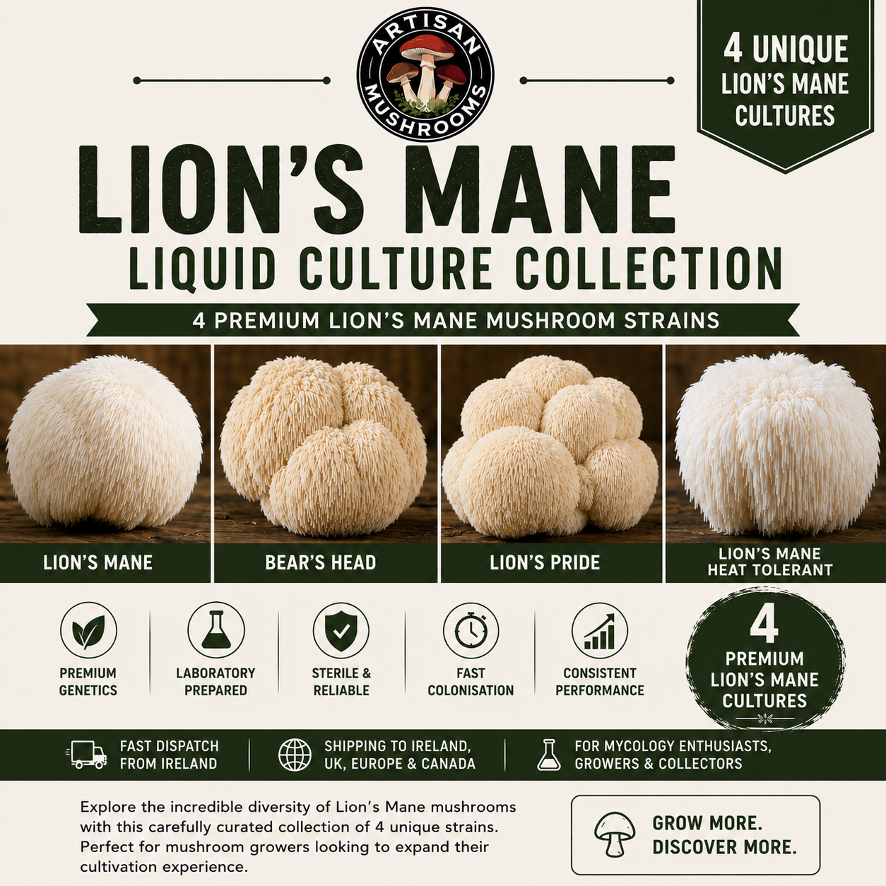Lion's Mane Liquid Culture Collection | 4 Unique Hericium Cultures