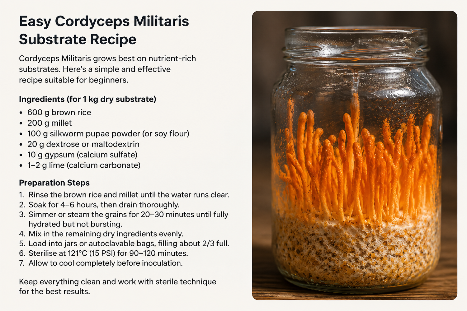 Example Cordyceps militaris grain substrate recipe with brown rice, millet and nutritional supplements