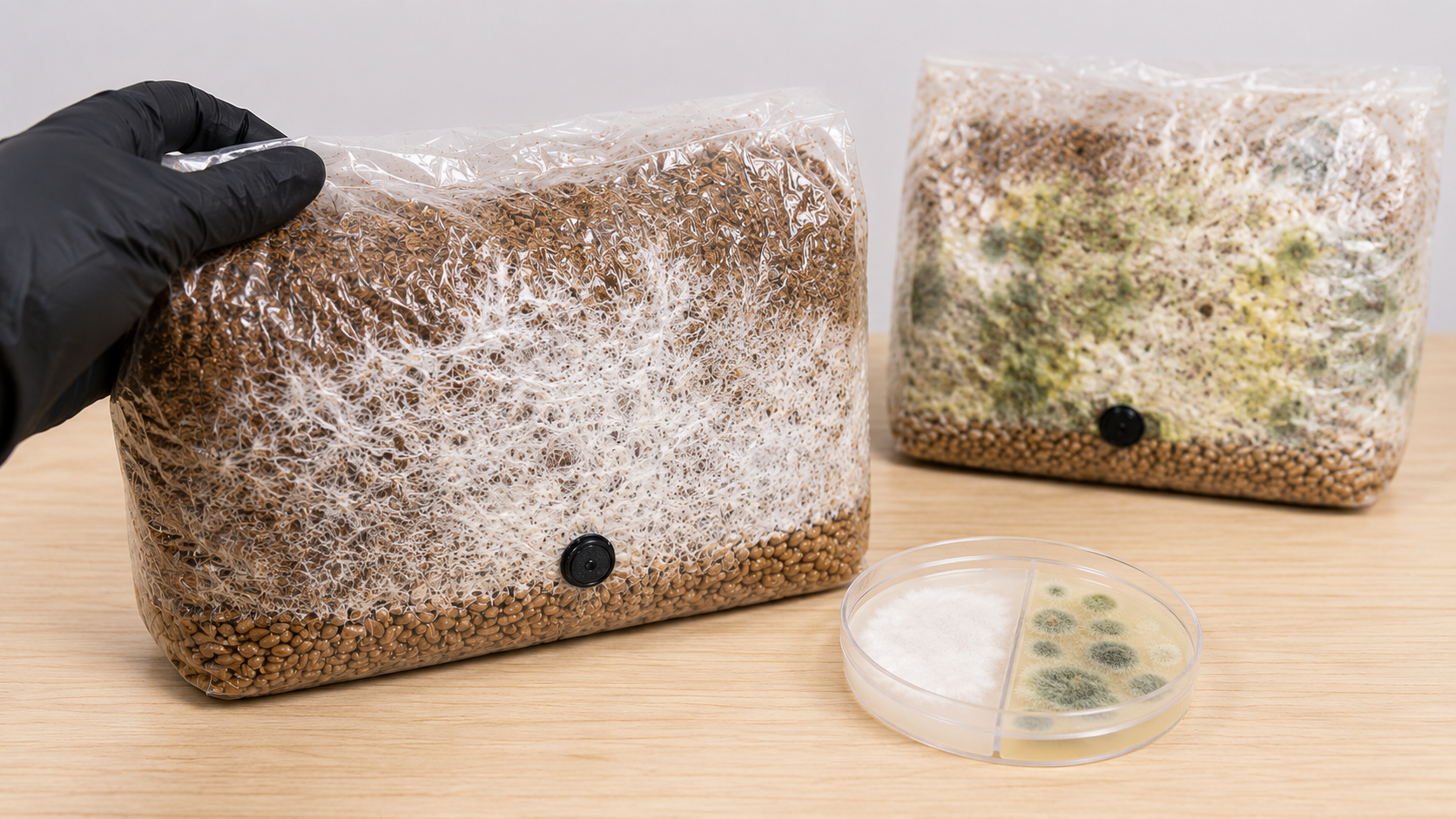 Healthy mushroom mycelium compared with contaminated grain bag and contaminated agar plate on a clean tabletop