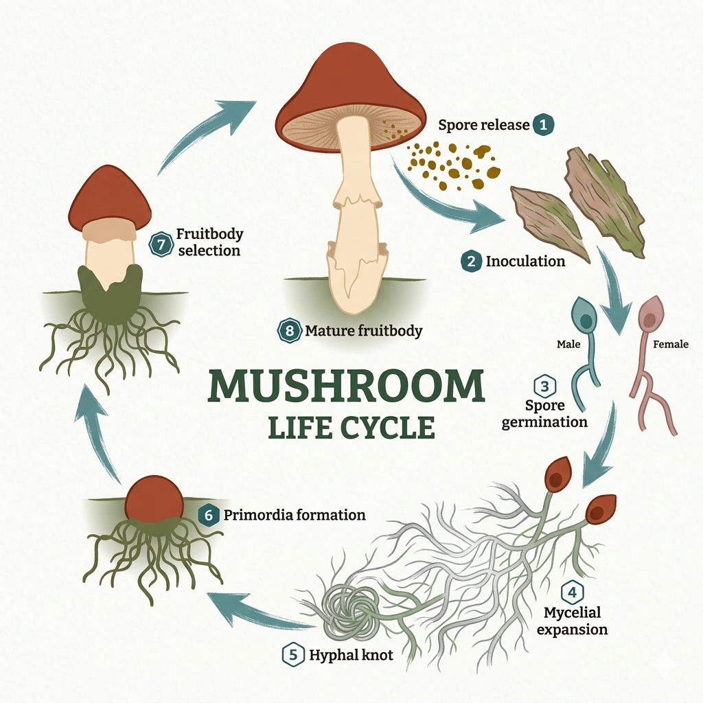 Life cycle of mushrooms diagram