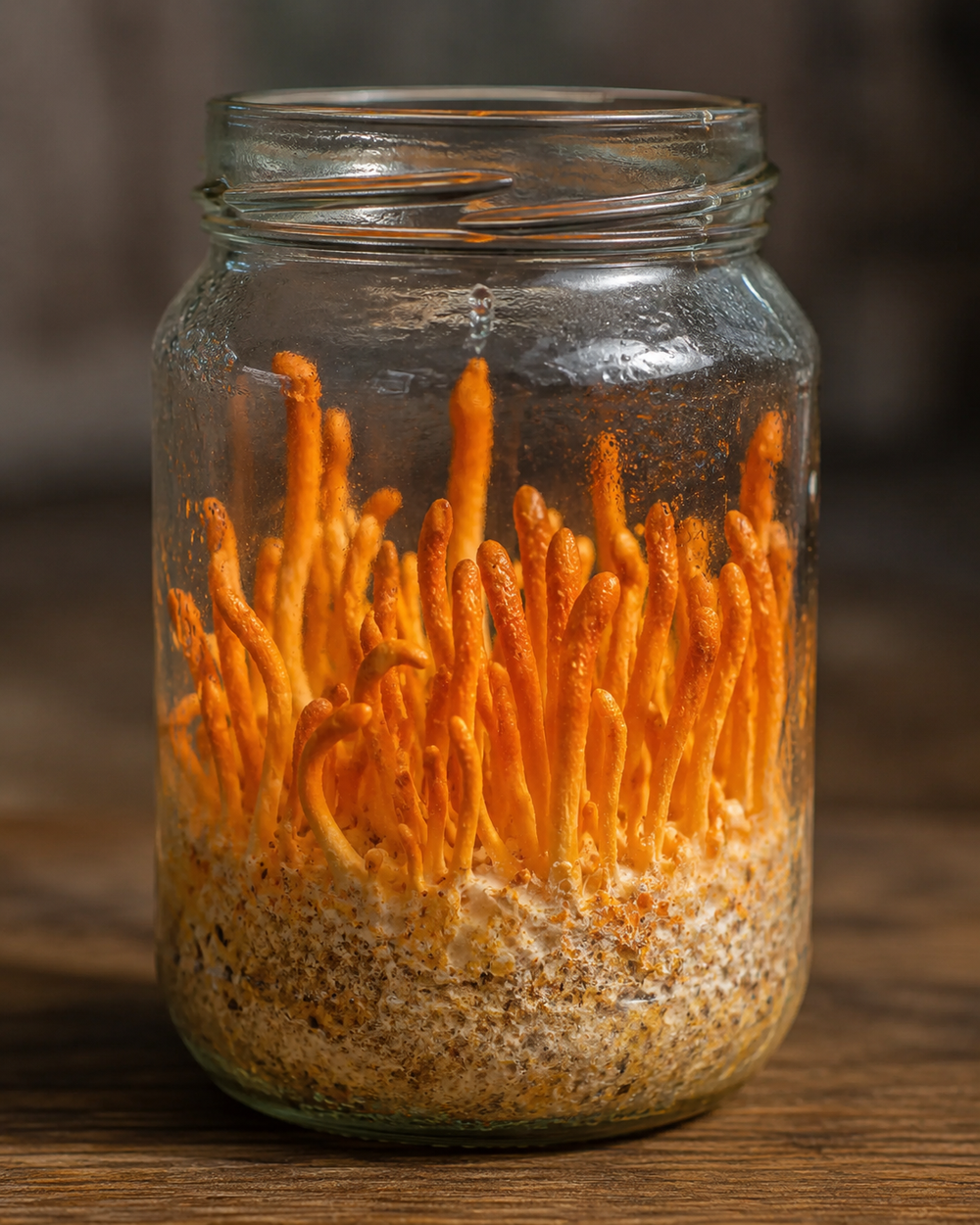 Bright orange Cordyceps militaris fruiting bodies growing upright from a colonised grain substrate inside a glass jar