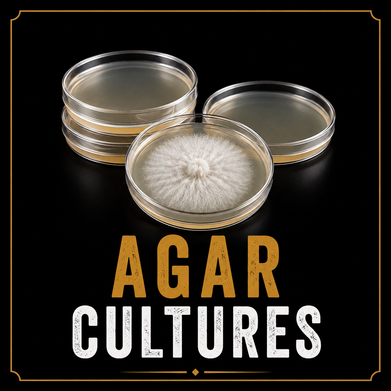 Petri dishes with agar and a white mold growth in the center, labeled 'Agar Cultures'.
