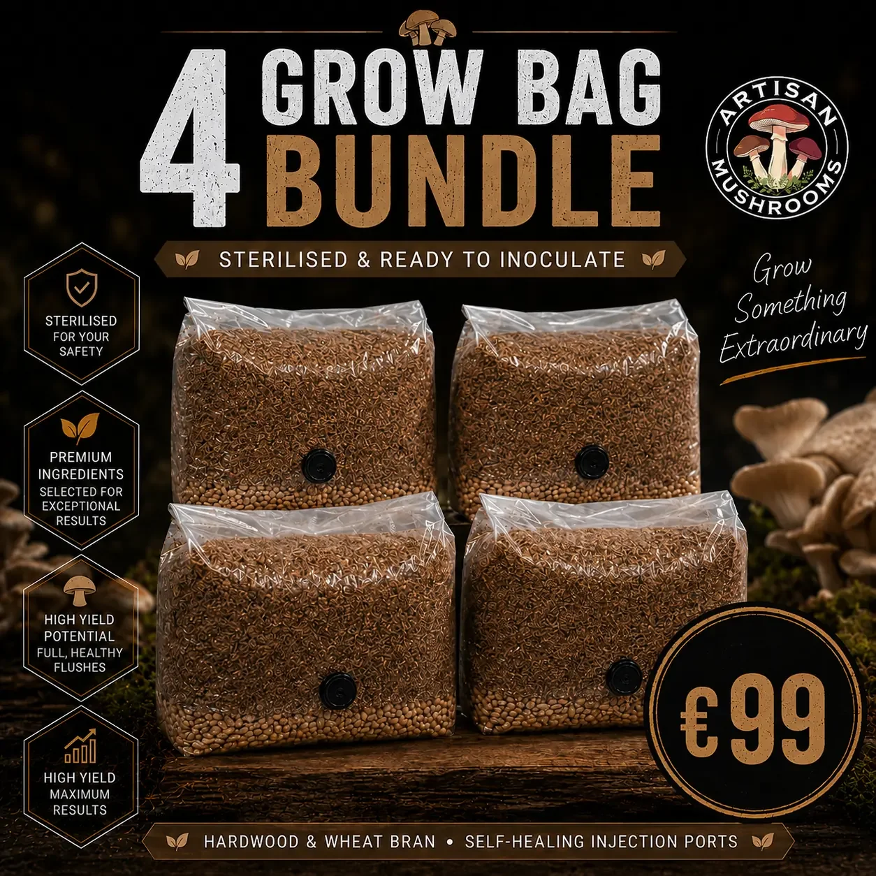 4-Pack Sterile Hardwood Mushroom Grow Bags