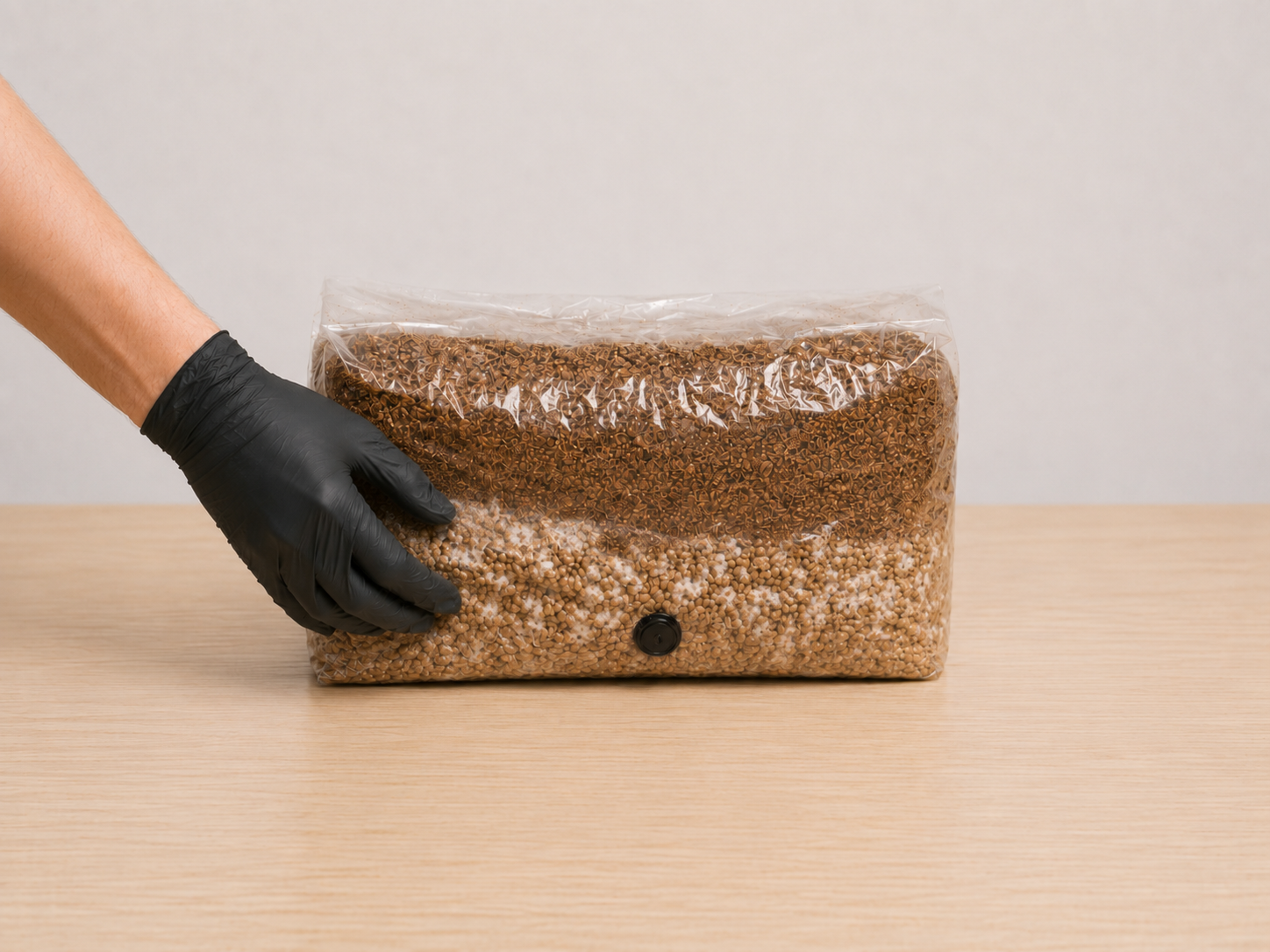 Healthy white mycelium beginning to colonise a sealed hardwood mushroom grow bag during incubation