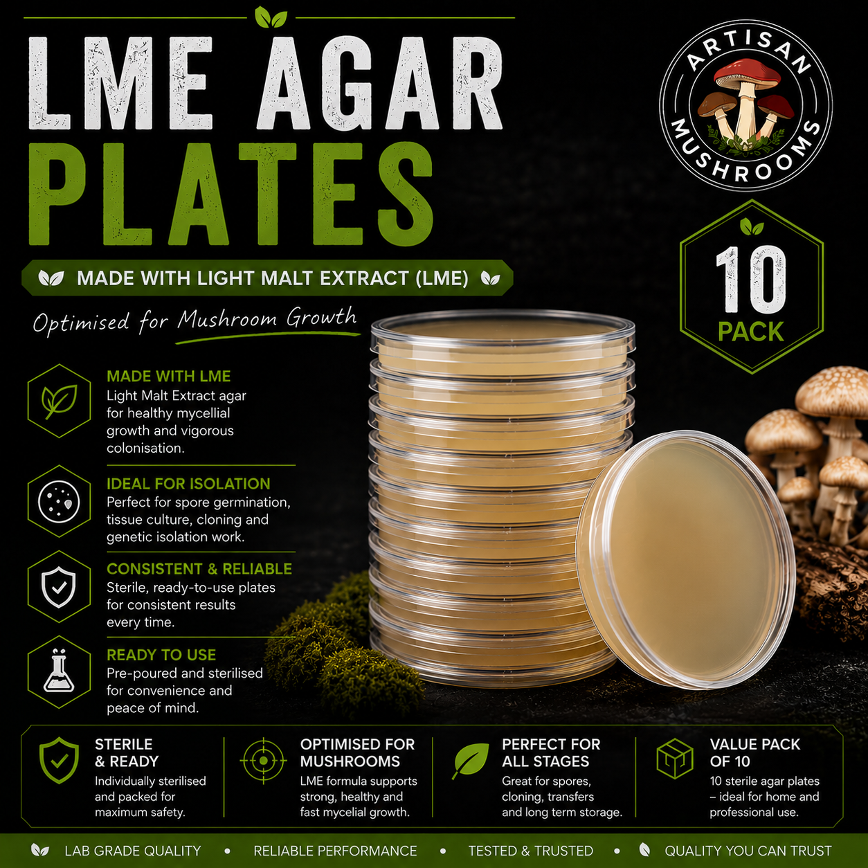 10 pack of sterile agar and light malt extract plates for mushroom cultivation by artisan mushrooms ireland