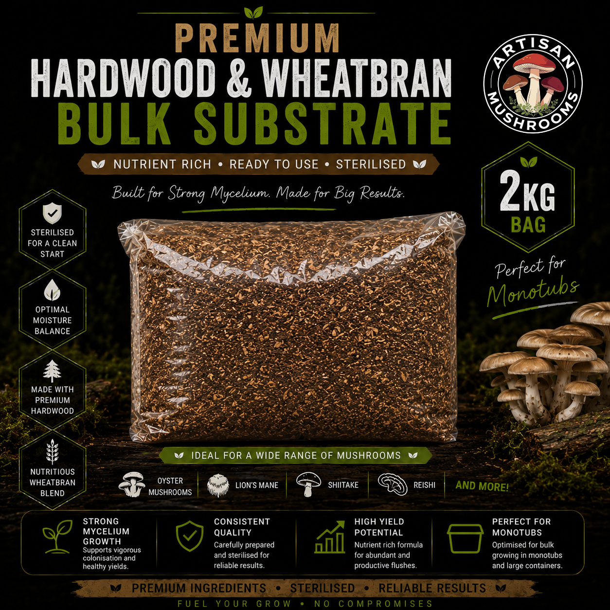 Hardwood Sawdust & Organic Wheat Bran 2kg (4.4lb) - Pressure Sterilised