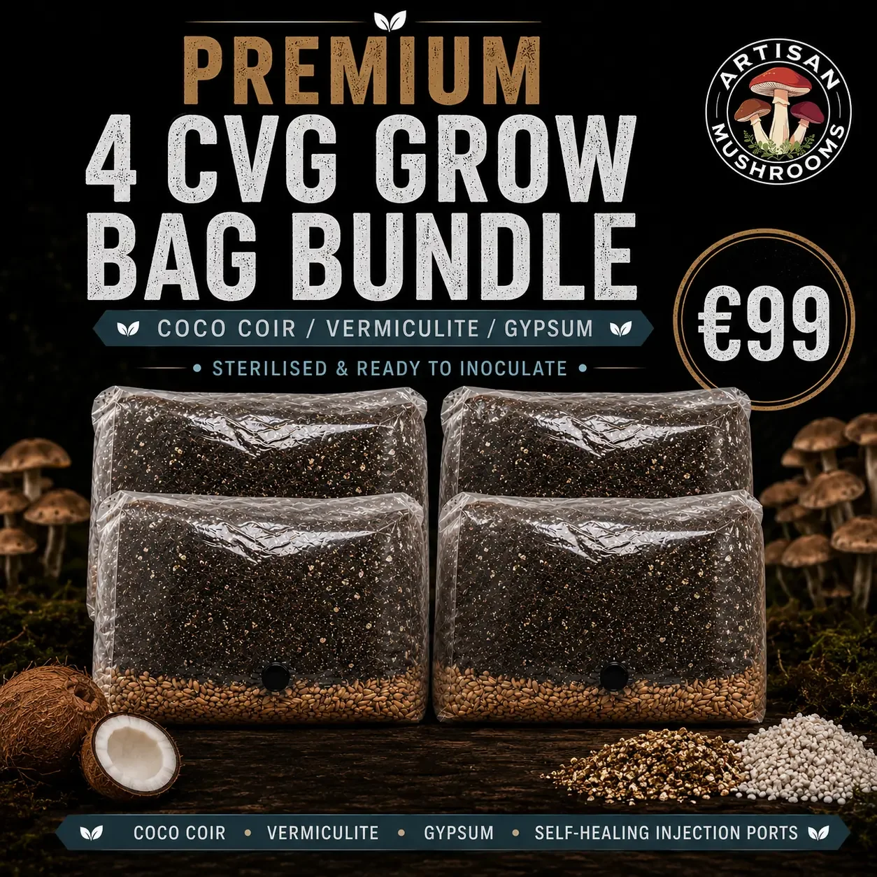 4-Pack Sterile CVG Mushroom Grow Bags