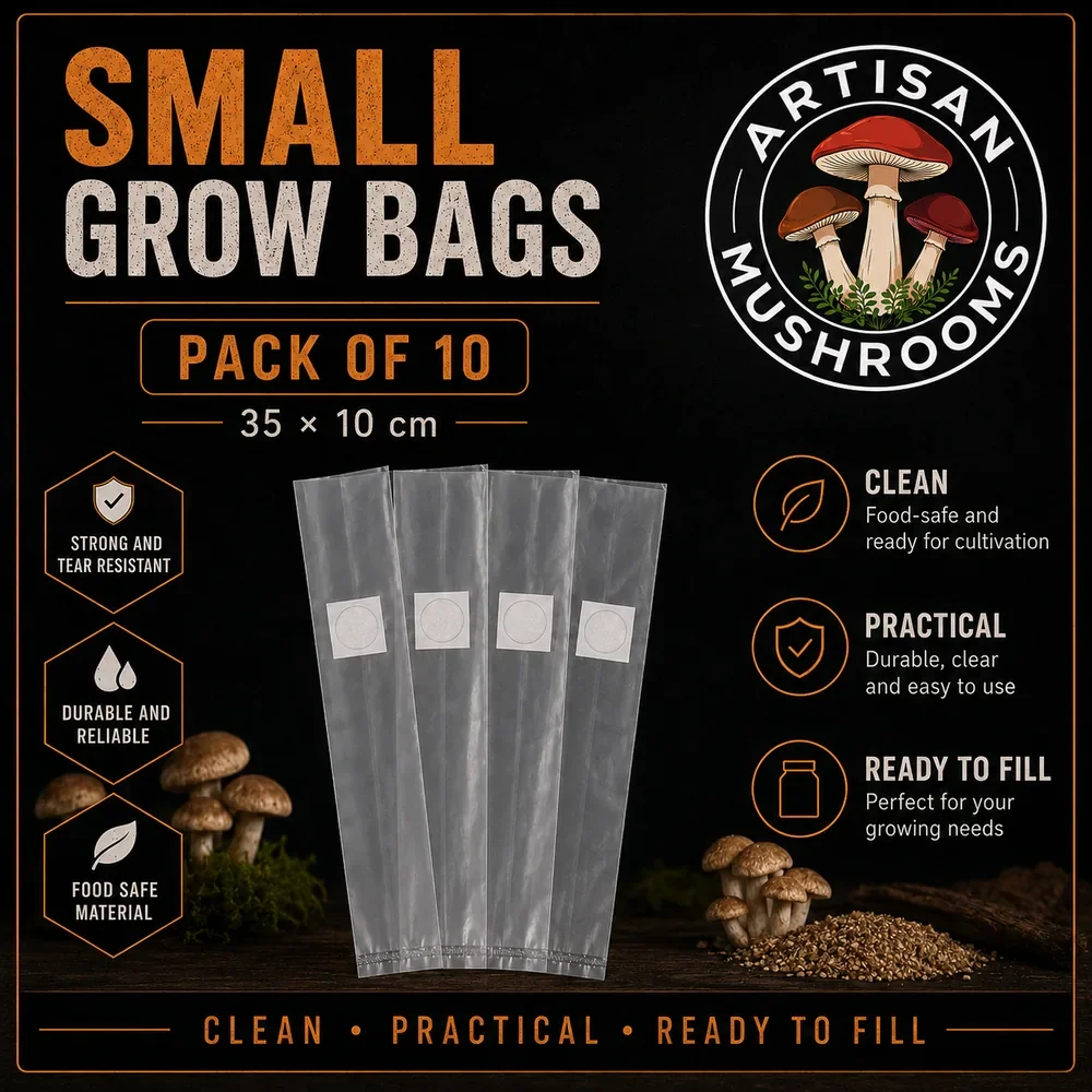 Pack of ten small clear mushroom grow bags measuring 10 × 35 cm with breathable filter patches