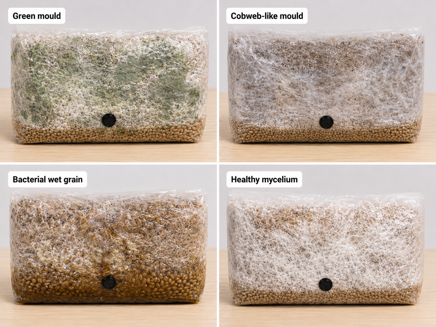 Comparison of green mould, cobweb-like mould, bacterial wet grain and healthy mushroom mycelium in grow bags