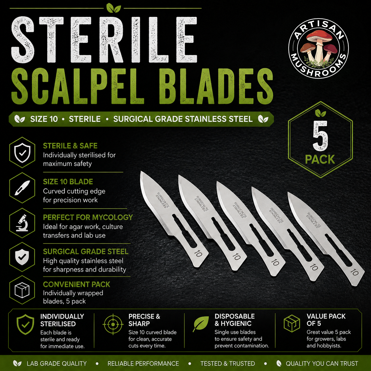 Sterile Size 10 scalpel blades 5 pack for mushroom cultivation, mycology lab work, agar transfers and tissue culture