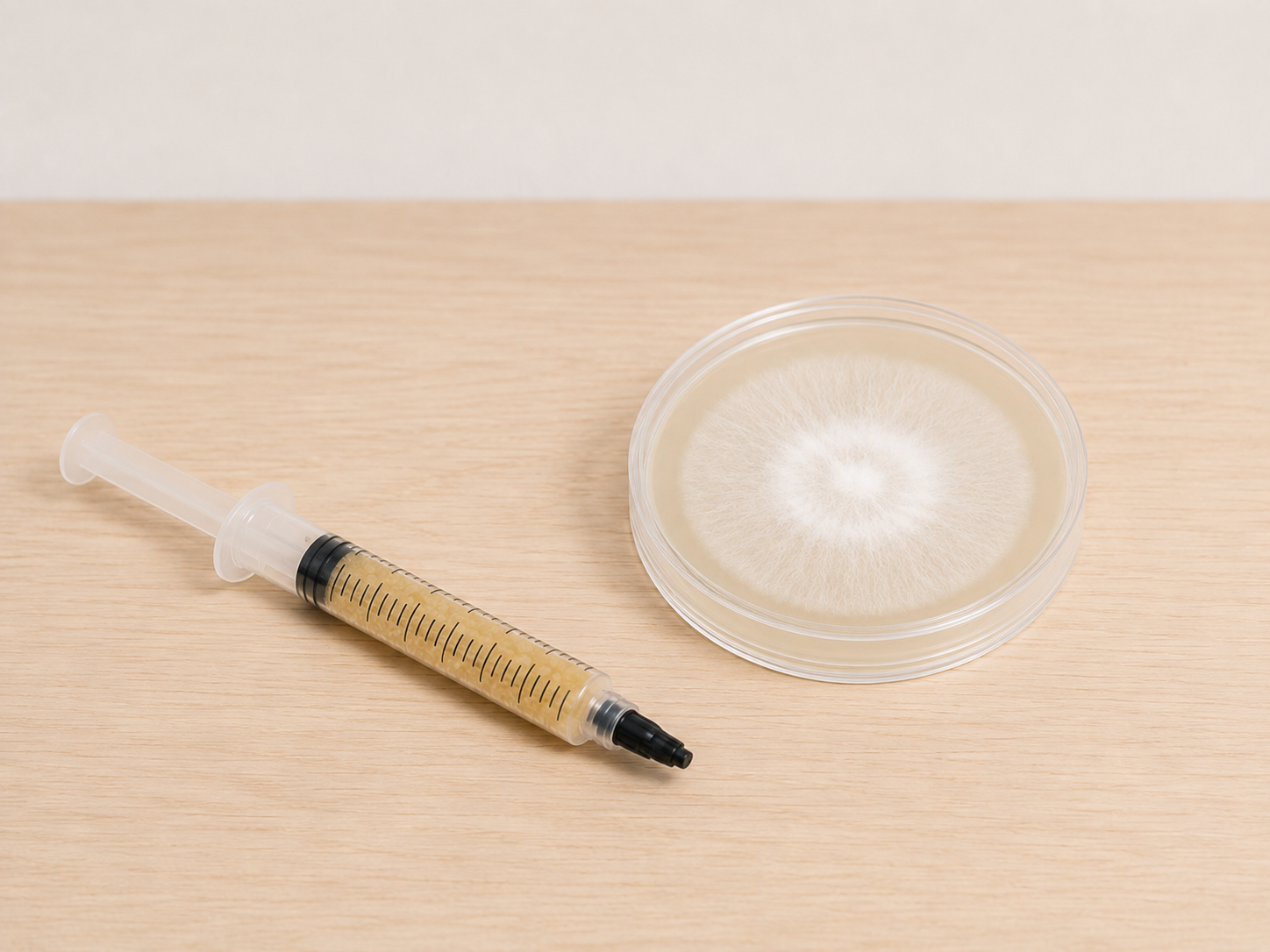 Liquid culture syringe beside a mushroom agar culture plate containing healthy white mycelium