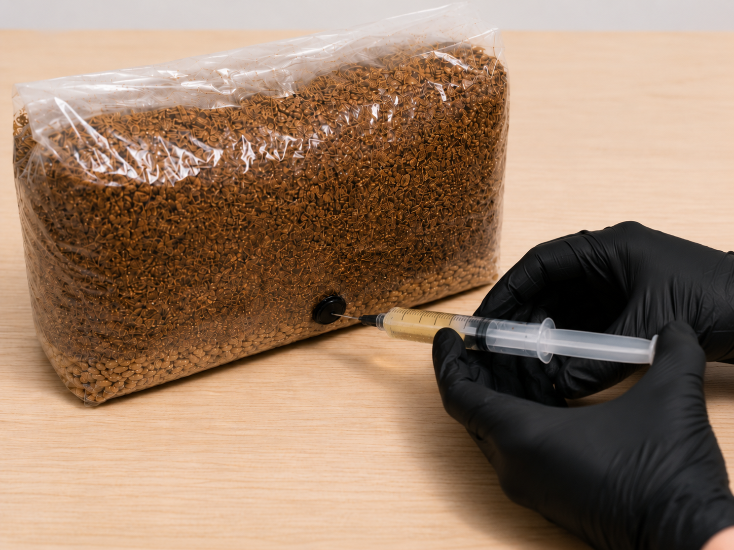 Gloved hands using a liquid culture syringe to inject the lower grain layer of a hardwood mushroom grow bag through the injection port