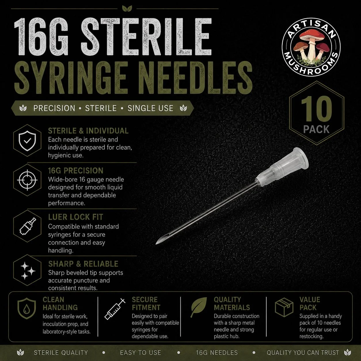 16G sterile syringe needles 10 pack with Luer Lock fit for mushroom liquid culture and sterile mycology work