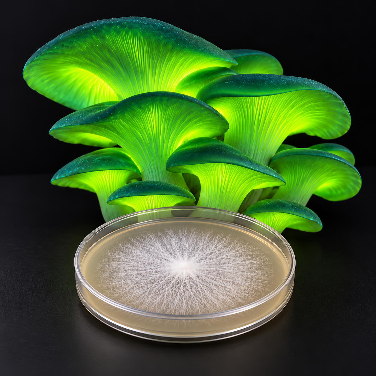 Bioluminescent Mushrooms and Mycelium agar Culture.png