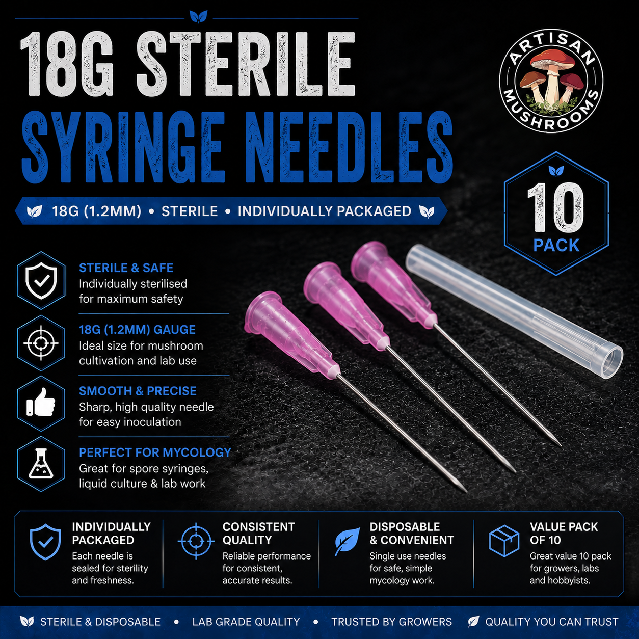 18G Sterile Syringe Needles - 10 Pack