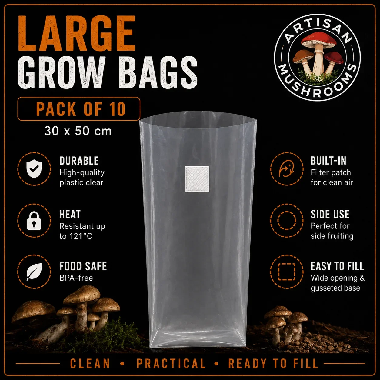 Large Mushroom Grow Bags with Filter Patch | Pack of 10