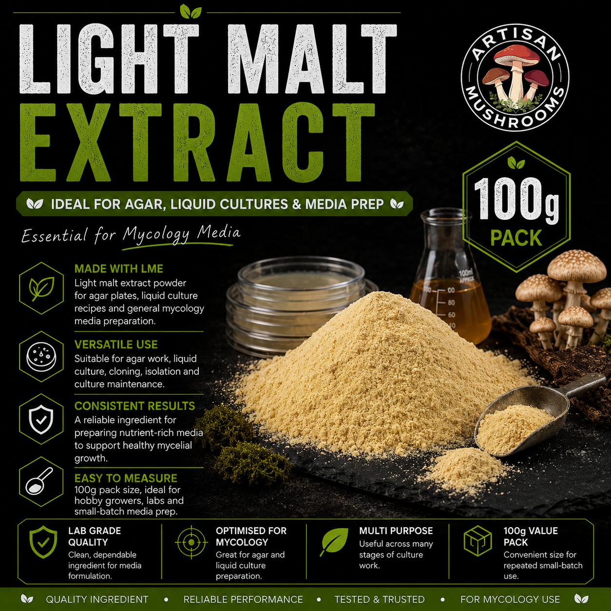 Light Malt Extract 100g powder for mycology media preparation, shown with agar plates and lab equipment, suitable for agar and liquid cultures.