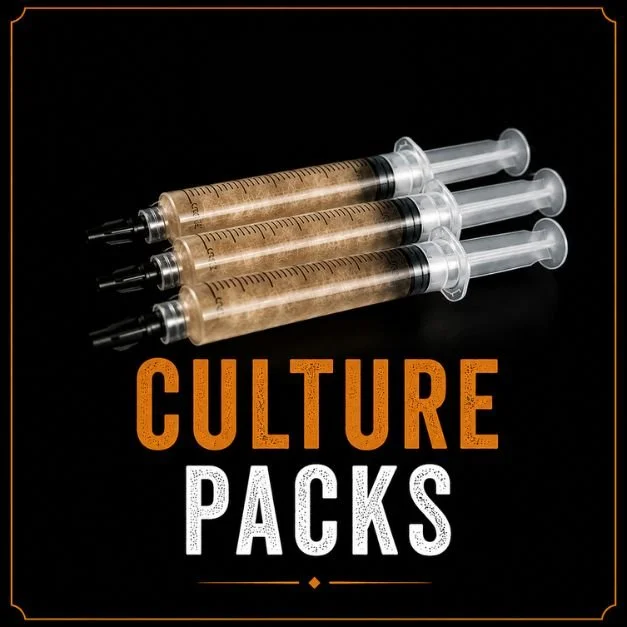 Mushroom culture packs containing multiple liquid cultures for mushroom cultivation.