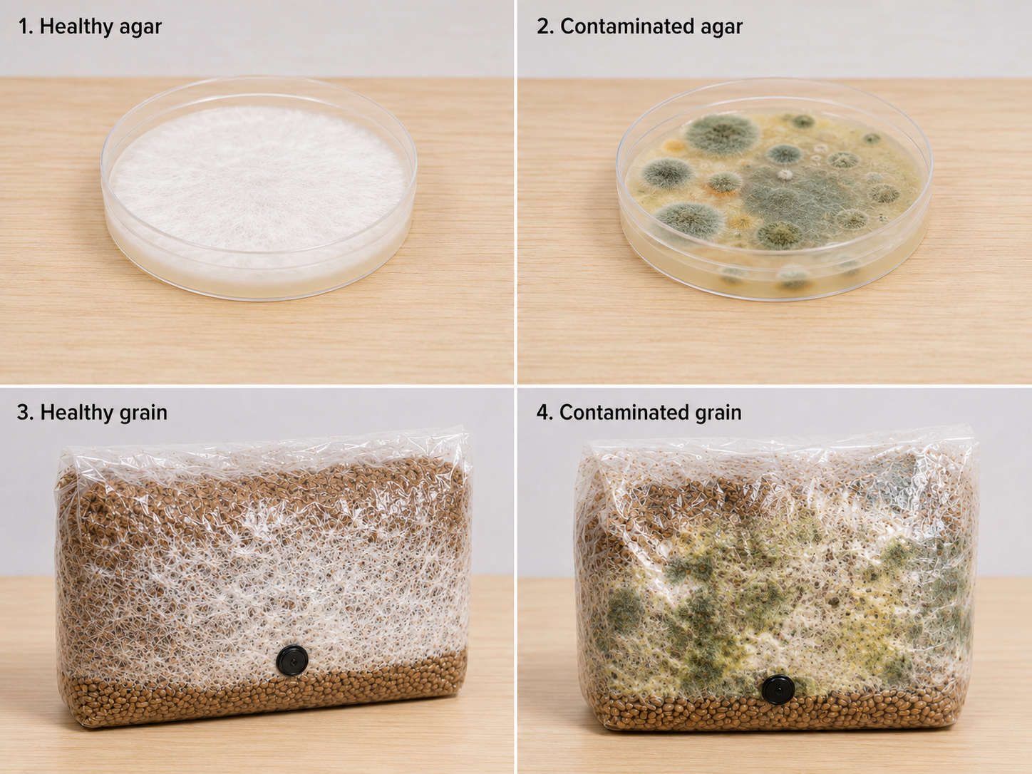 Comparison showing healthy agar, contaminated agar, healthy grain and contaminated grain in mushroom cultivation