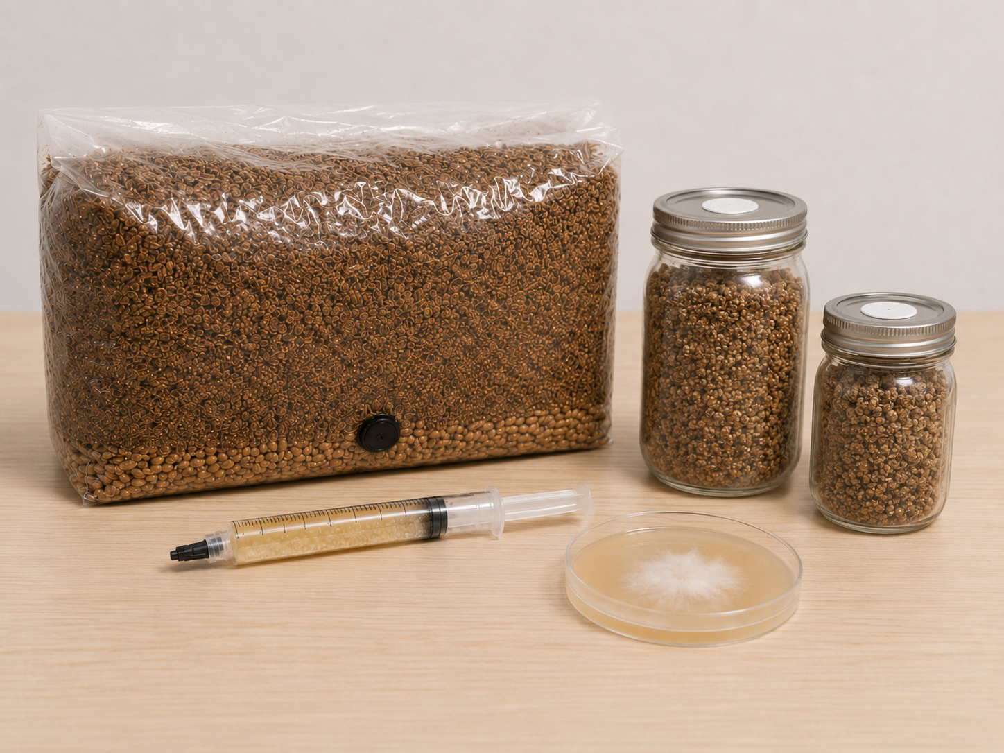 Liquid culture applied as a small drop to an agar plate beside a sealed glass jar containing prepared mushroom grain