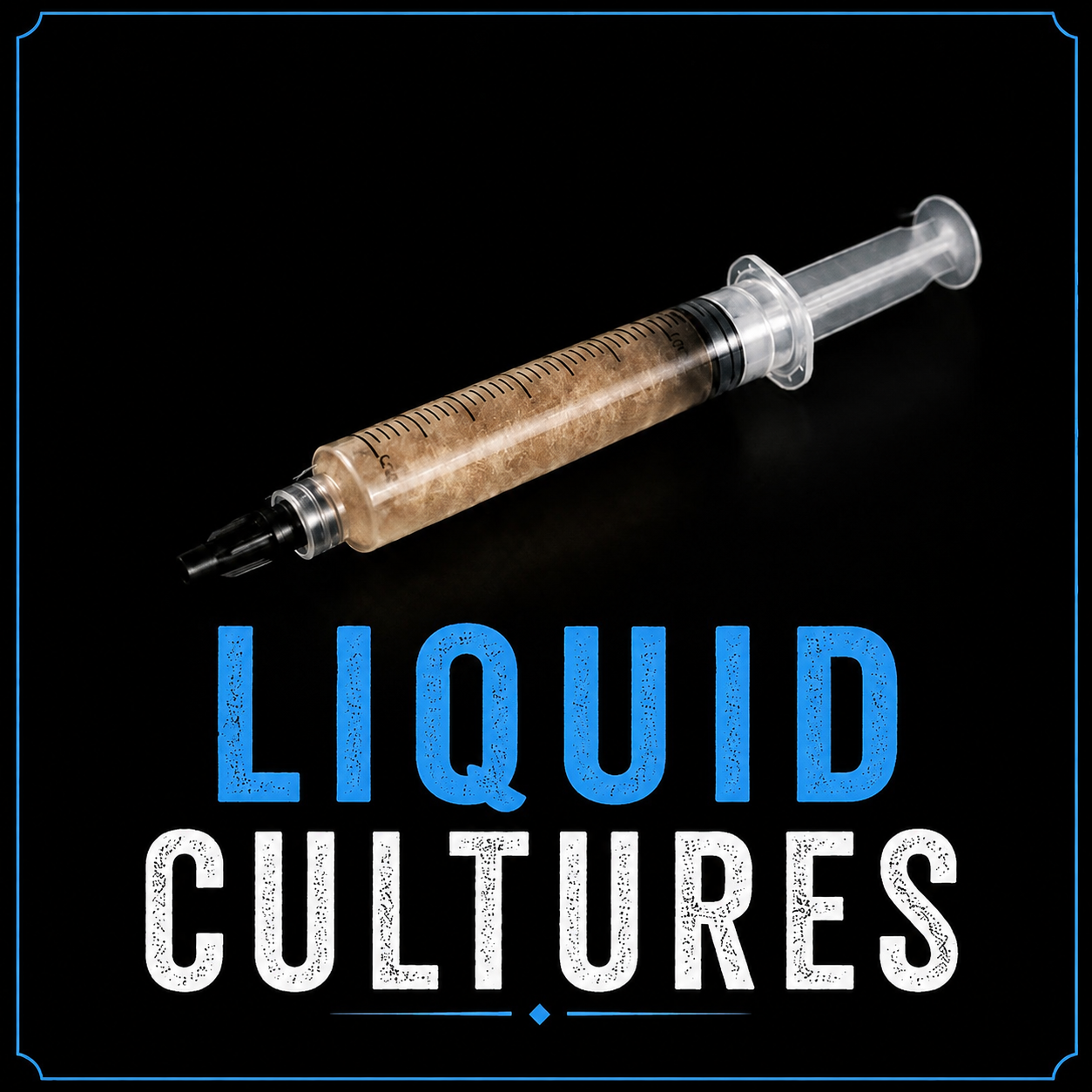 A syringe filled with a beige-colored liquid and the words 'Liquid Cultures' written below in blue and white text on a black background.