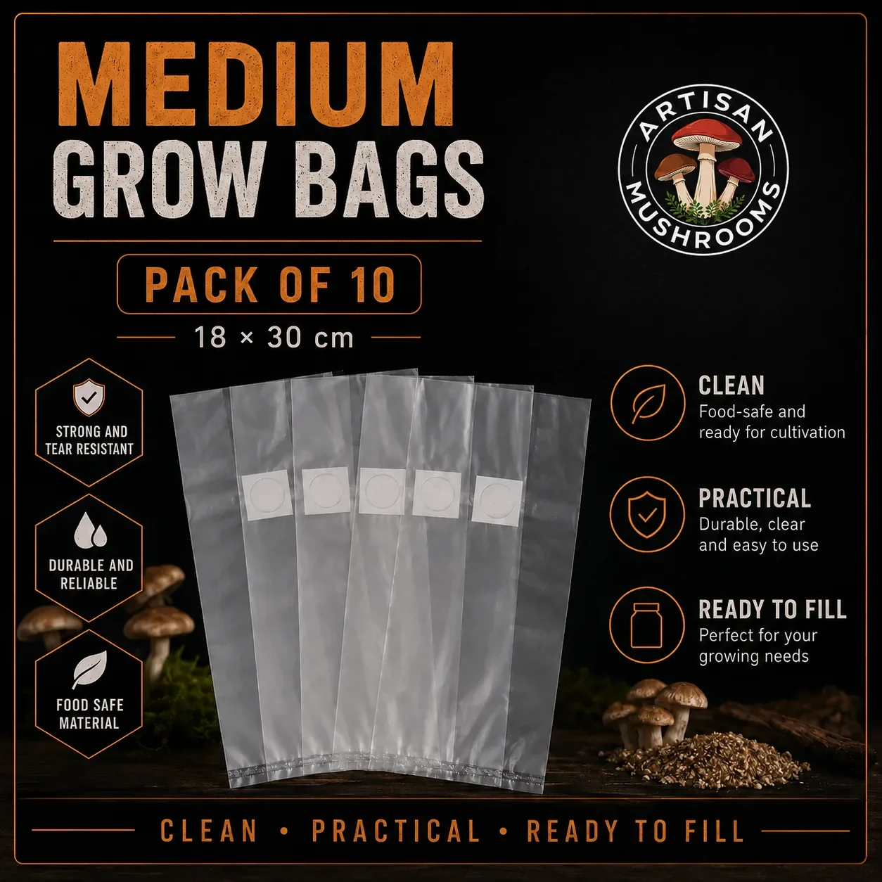 Medium Mushroom Grow Bags with Filter Patch | Pack of 10