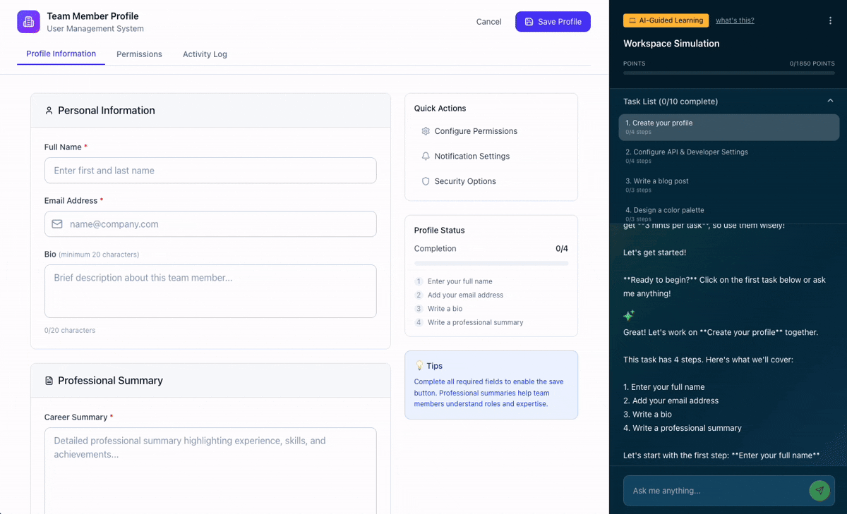 Screenshot of a user management interface within a team management system, showing personal information, quick actions, profile status, and a task list for creating and configuring a team member's profile, with a workspace simulation instructional panel on the right.