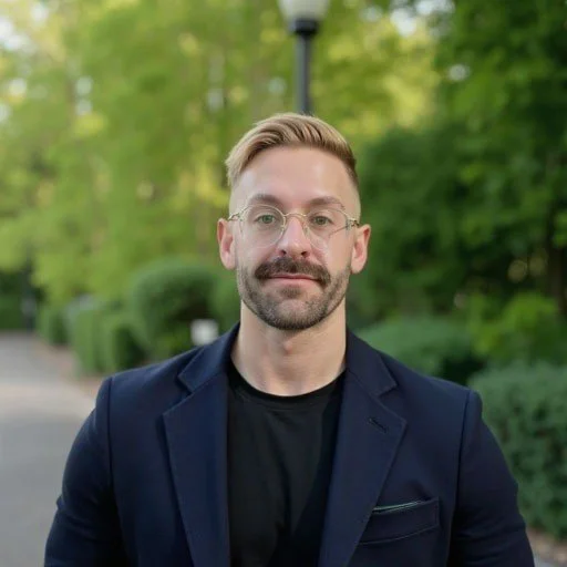 Image of product designer. Blonde man with blue blazer standing in an outdoor space as a professional headshot