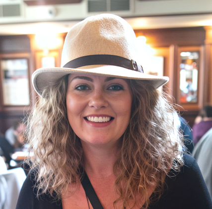 Abby from Broughton in a pub wearing a hat