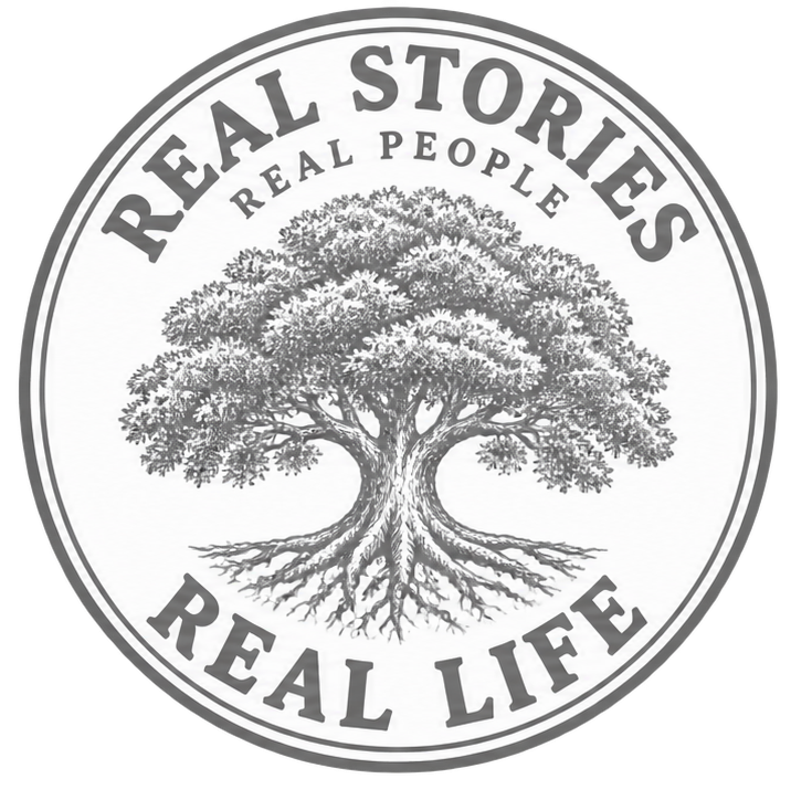 A circular logo with a detailed illustration of a large tree at the center. Text around the top reads 'REAL STORIES' and 'REAL PEOPLE,' and around the bottom reads 'REAL LIFE.'