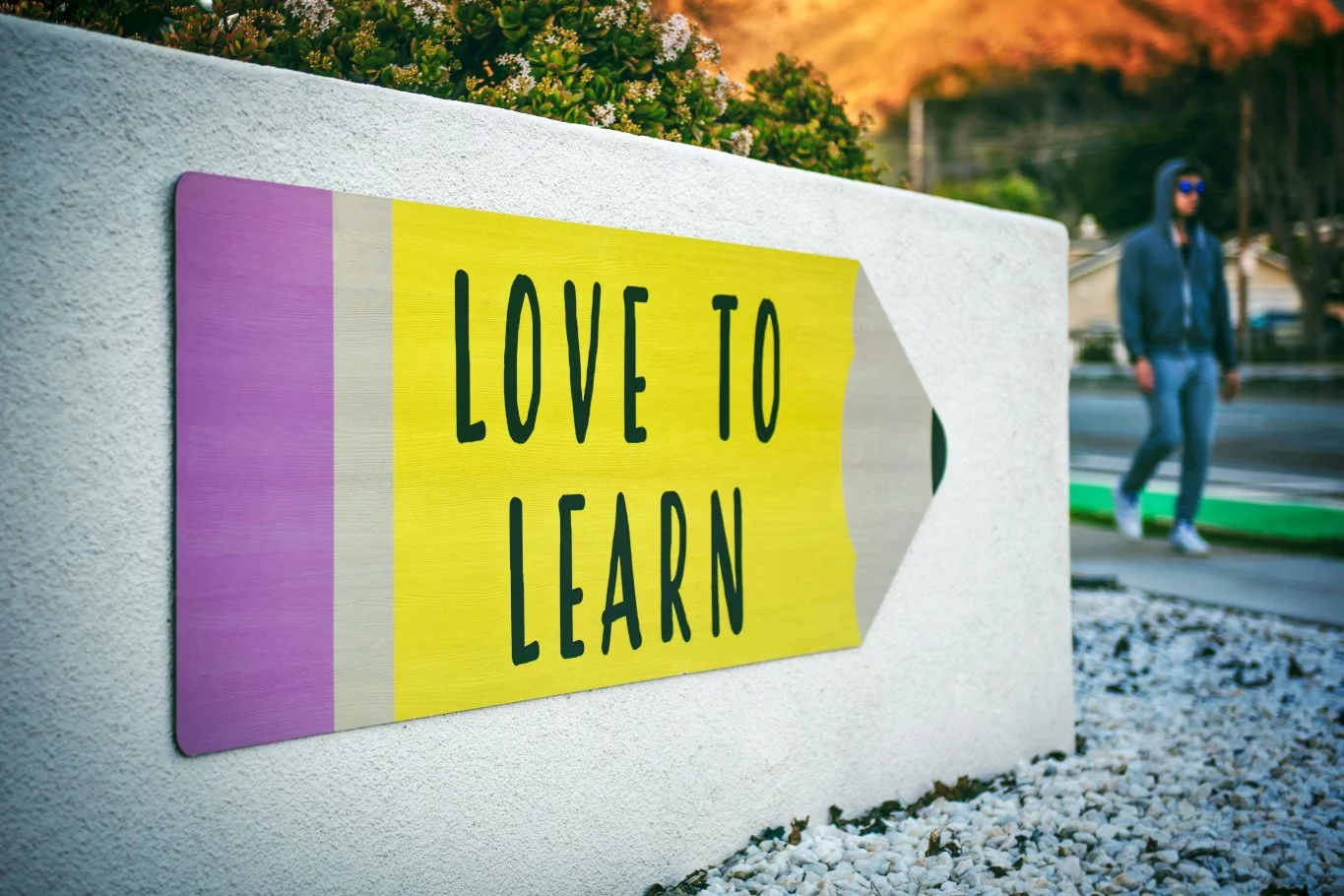 A sign on a concrete wall with the words "Love to Learn" in bold black letters on a yellow and purple background, outdoors on a sidewalk with a person walking in the background during sunset.