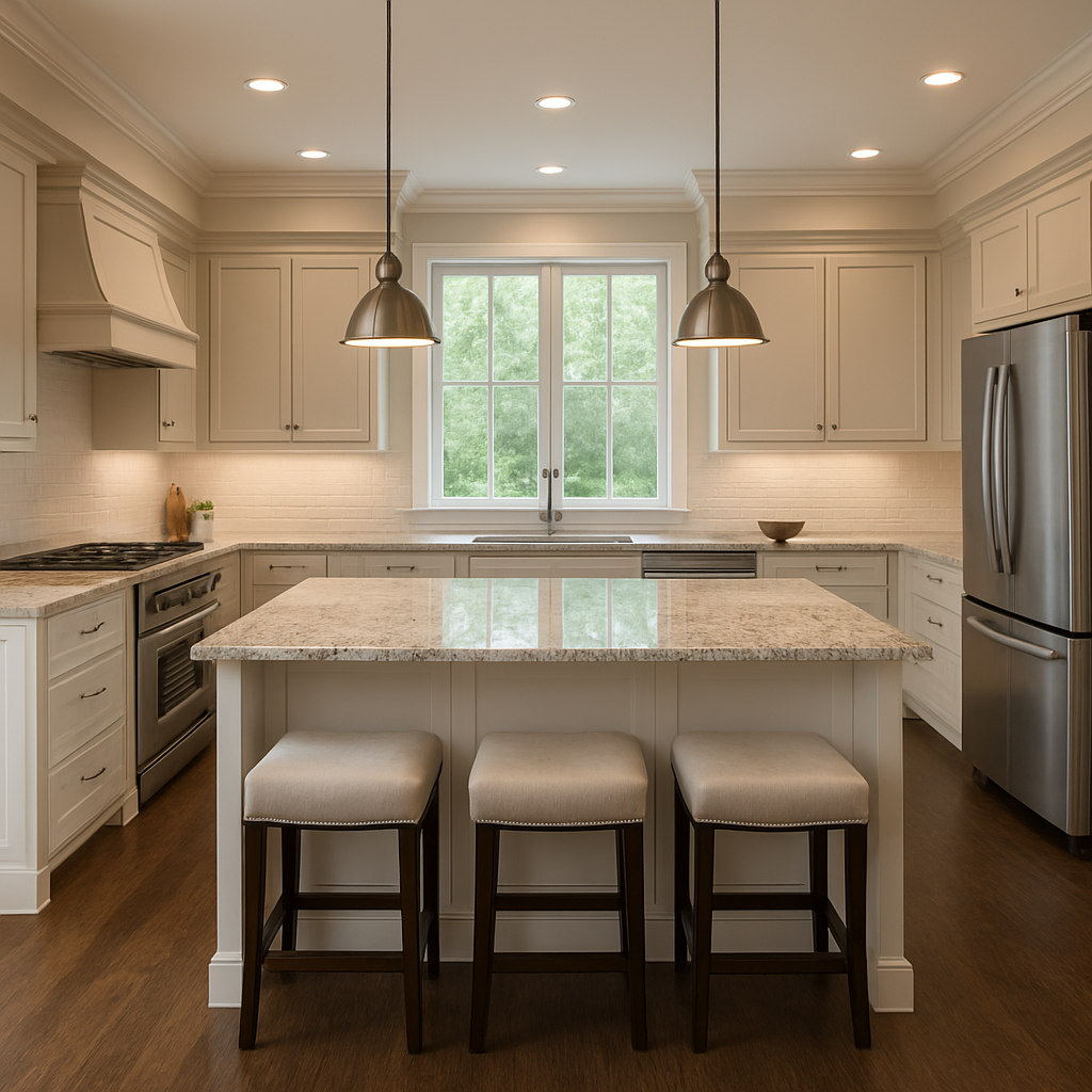 Modern kitchen with white cabinets, a large granite island, stainless steel appliances, and pendant lighting, with a window overlooking greenery.
