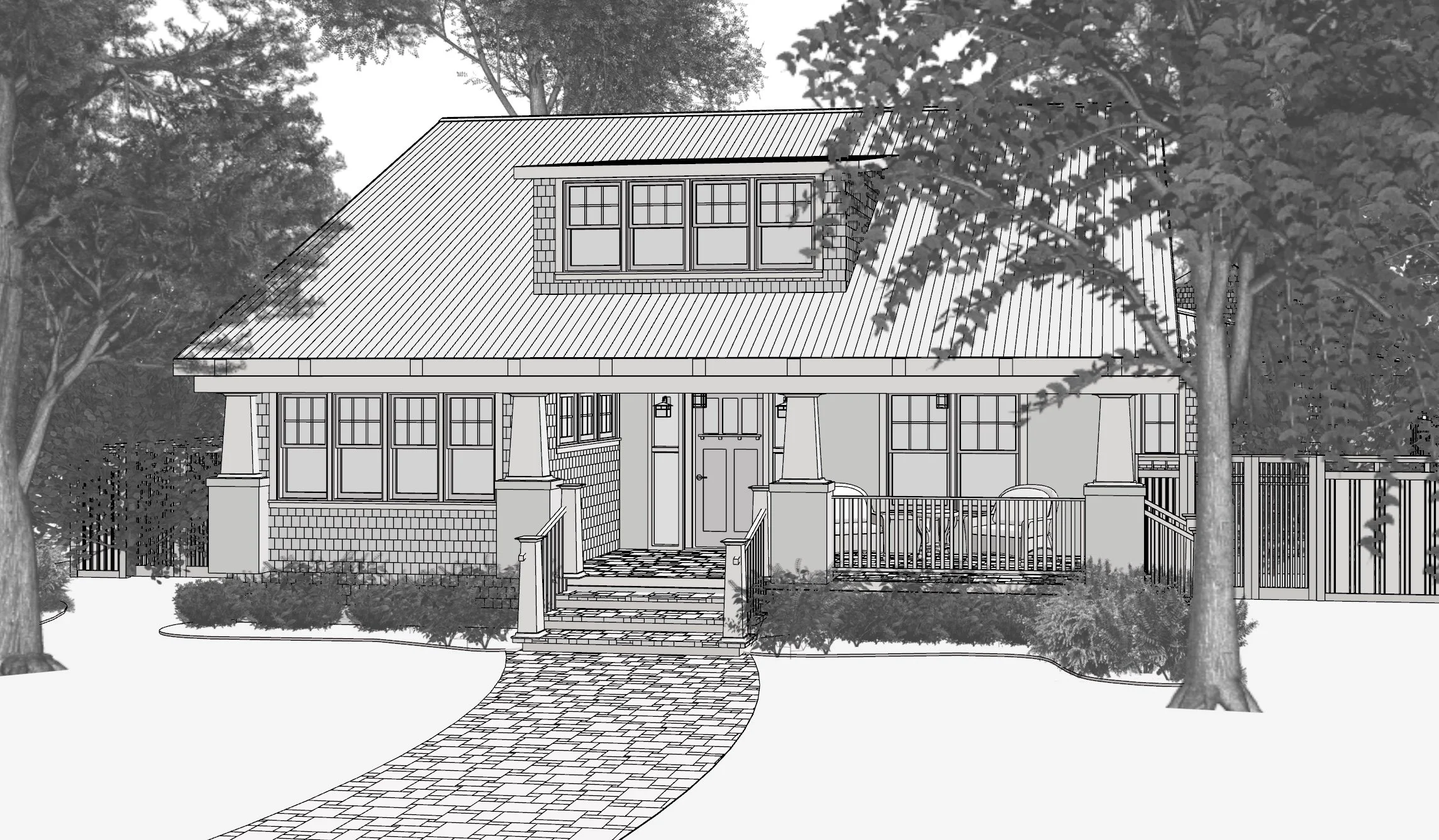 A detailed line drawing of a house with a steep roof, dormer window, front porch, and surrounding trees. The house has multiple windows, a front door, stairs, and a paved walkway leading to it. A fence encloses the yard, with bushes and trees around.
