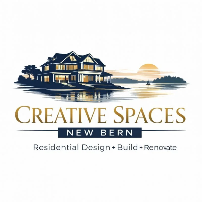 Logo for Creative Spaces New Bern featuring a house near water with a sunset, and text indicating residential design, build, and renovation services.