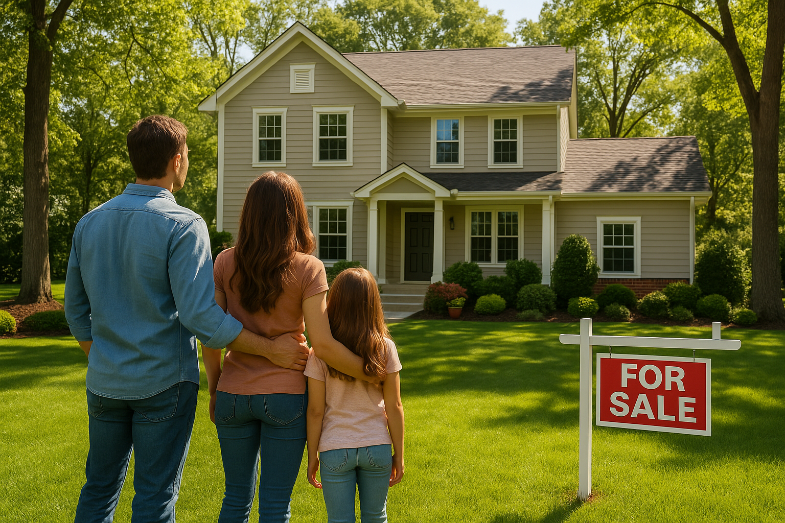 Family of three looking at a house with a "For Sale" sign in the yard, surrounded by green trees and lawn.