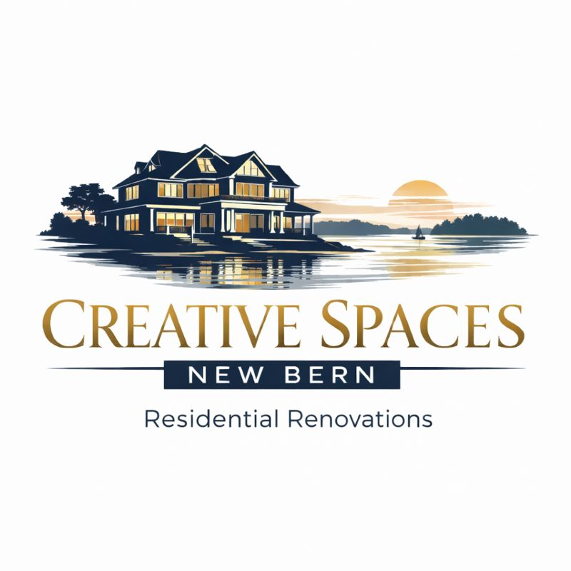 Illustration of a large house by the water with a sunset in the background, promoting Creative Spaces New Bern residential renovations.